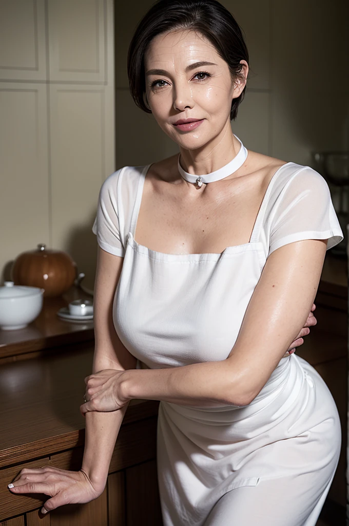 (masterpiece:1.4),(59 years old female :1.5),(Facial wrinkles:1.2), (Nasolabial folds), (short hair : 1.1), gentle smile, beautiful Mature Woman, glossy make up, (thick lips), (White apron : 1.3), (short-sleeve blouse : 1.2), (collar bone), pores, Skin blemishes, fleckled skin, realistic detailed skin, (Plump arms : 1.3), kitchen, asymmetry face, crooked face