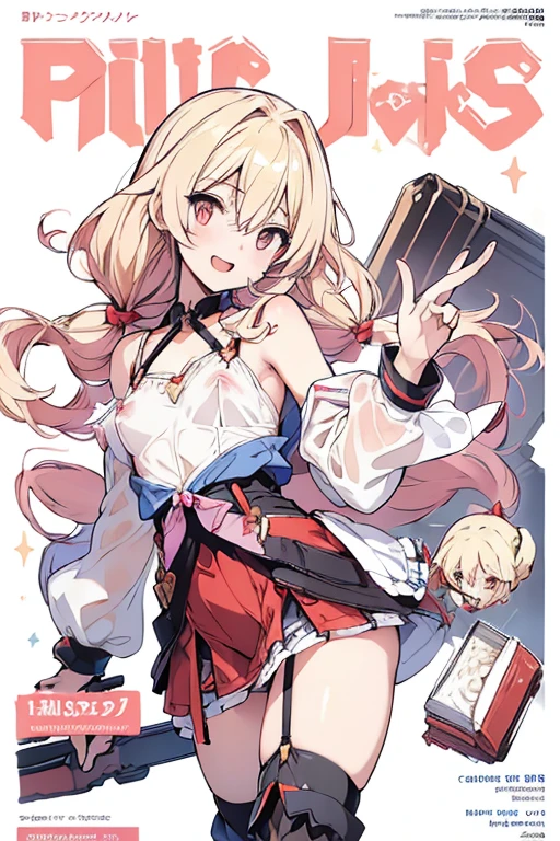(small breasts:1.2), (perky chest:1.2), (pointed chest:1.2), (Pudding cake magazine cover:1.3),(from above:1.0),(shoot from the side:1.1),masterpiece, 1girl, Amazing Cleavage:1.1, thin waist, optimum,tmasterpiece,hight resolution,best qualtiy,hyper HD,super detailing,awardwinning,a 18yo cute girl,(The upper part of the body),anatomy correct,Beautiful Black miniskirt,garters,Gaze,Small face,bangss,holster,Beautuful Women,hands up,leg holster,Gaze,black boots,Cowboy Shot,cute face,a blond,Longhaire,Twin-tailed,Braids, Hairline,(scarlet eyes),long eyelasher,Hanging eye corners,White skin of the, ((see through camisole:1.1)), ((Sheer nipples:1.0)),Rocket Tits,(Slim body),smile,seductive weak smiling,(with sparkling eyes and a contagious smile),little open mouth, Looking at Viewer,