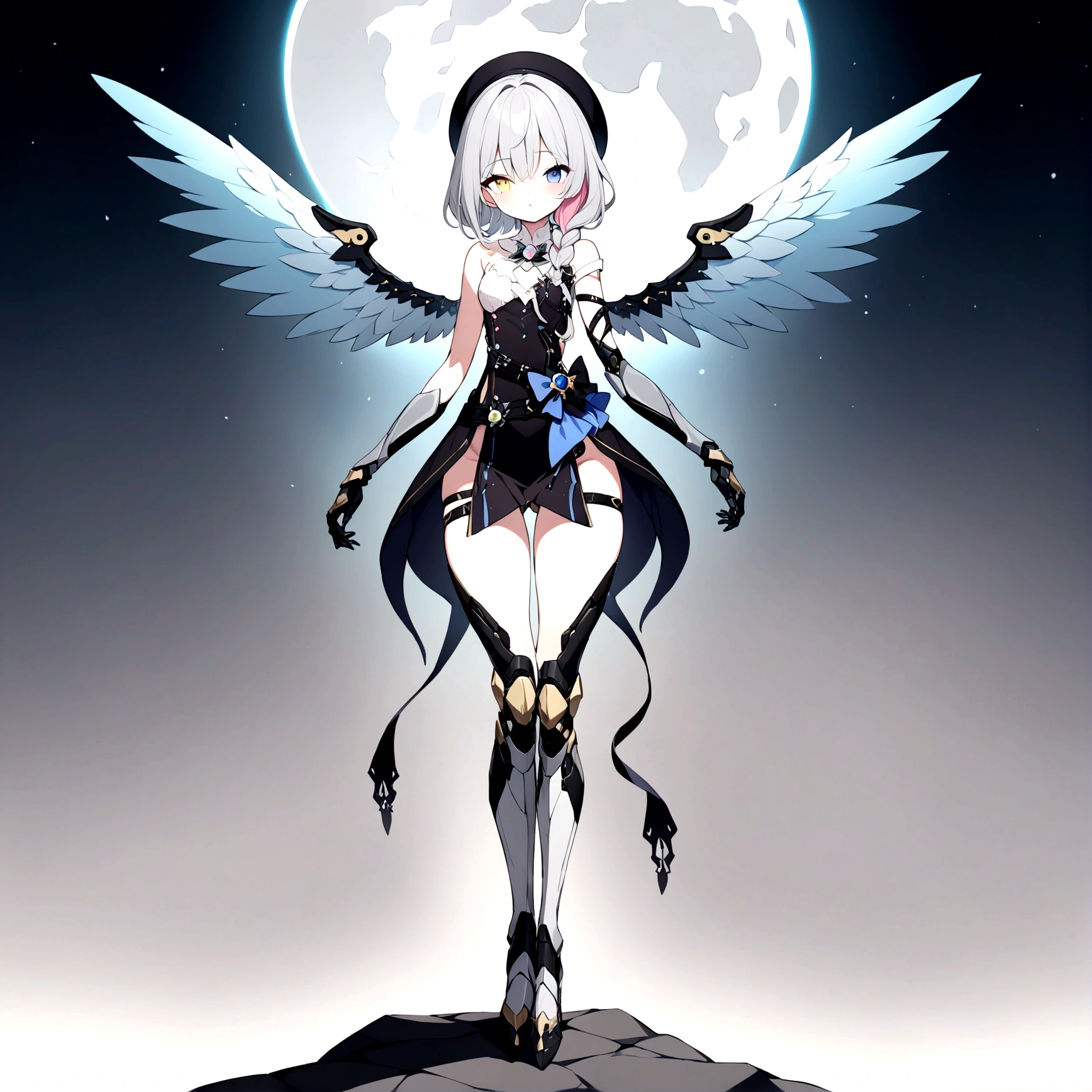 woman 160 cm tall, slim build, . (character design sheet: front view). (Short Gray Wavy Shoulder Length Hair, He has a medium braid on the left side of his hair on his chest., He has a large lock of hair on the left side of his hair., She has a moon brooch on the left side of her hair.). She has a black French beret with a crystal star brooch.. (heterochromia: Light green right eye and yellow left eye.). Intricate One-Piece Low-Rise Thigh-Length Dress, He has an elegant black belt on his hip., He has a huge complex rose brooch in the middle of his chest.. It has intricate stilettos. (Has complex mechanical legs that reach up to the thighs., black with small gray details.). (It has black complex mechanical arms with small gray details.). It has complex mechanical wings on its back that are light blue and white.. Beautiful extremely detailed wings. beautiful detailed hair, beautiful detailed dress. extremely detailed arms. extremely detailed face, small face, Beautiful detailed eyes, beautiful detailed lips. adorable. extremely detailed legs. (Best Quality, 4k, 8k, high resolution), ultra detailed, Exquisite and epic character art.