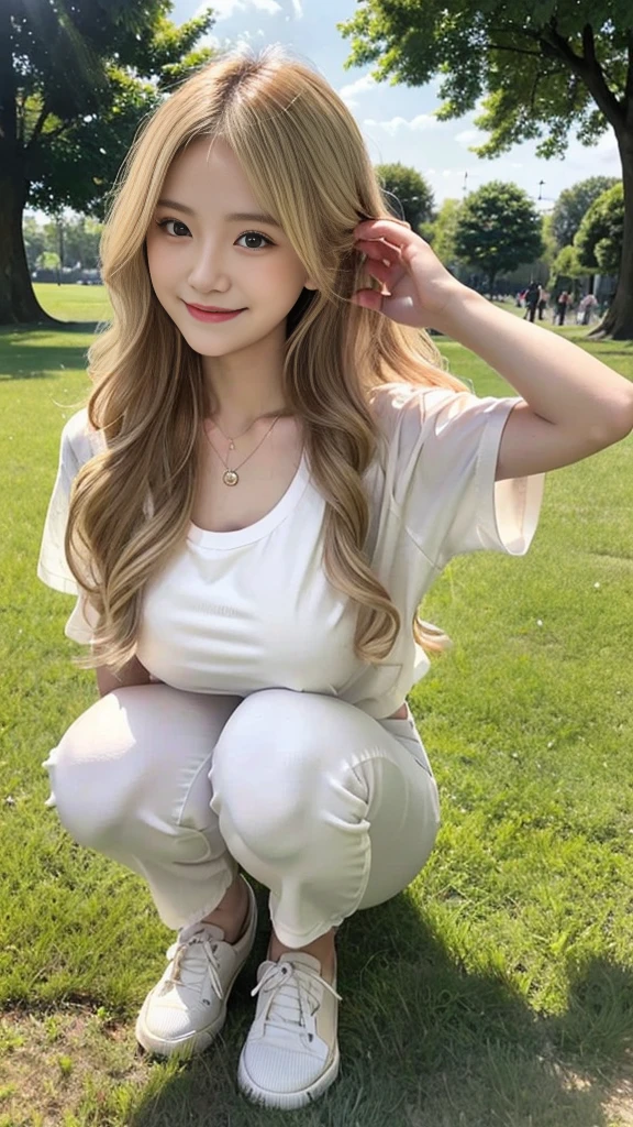 23-year-old woman, Long dark blonde wavy hair、Puffy nippleedium Milk, Cute Smile、、、Beautiful Necklace、On the grass in the park、Squat on your knees、Cute smile with upward glances、T-Shirts、White skinny pants、Beautiful ass、Beautiful legs