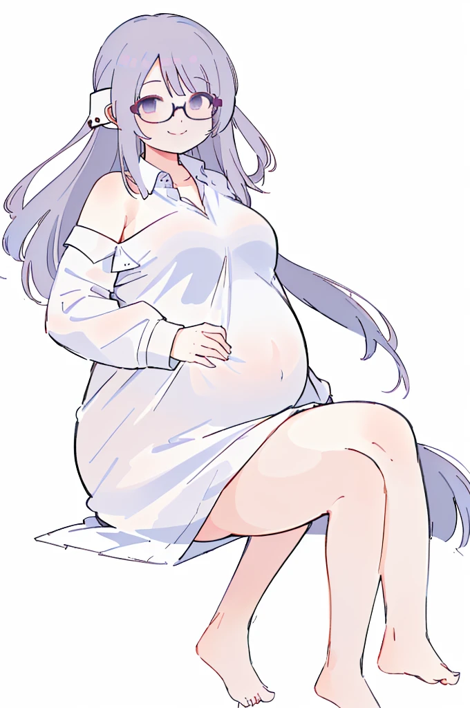 (bust:1.5),책 더미 위에 앉아 있는 big bust을 가진 애니메이션 캐릭터, Tsk tsk, , She has a jiggly, fat, round belly, brother, Ahegao, Kantai Collection Style, Fat Chan, thick black lineart, Shikamimi, cel shaded animation, brother proportions, big tummy, umamusume,(big bust:1.5), (Black eyes with a slight purple tint:1.5), (Very white and long hair with a bluish tint, weak perm:1.5), (white sleeves wrapped around arms, oversized white shirt, oversized white shirt:1.5), (bare foot, round-rimmed glasses:1.5), (Belly Fat, muffin top, plump:1.1), (smiling faintly:1.5),(human ear,thin legs:1.5),