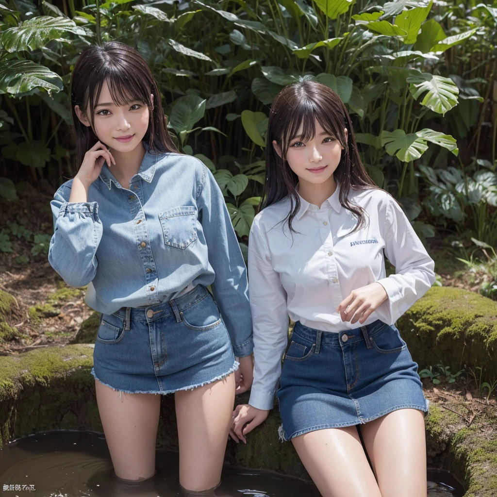 One girl, ,smile, High-resolution images, Asian,Buttoned up,Wearing a long-sleeved denim shirt and denim skirt, Manure pit,shit,深いmud濘でmud遊びをして服を汚す,mudで汚れたジーンズ,Soaked clothes,mudまみれ,Gets wet and sticks,Dirty clothes,mudをかけられる,mud,Muddy,captured in the style of a magical forest arツーork., (masterpiece, Highest quality, Official Art,Intricate details:1.2)