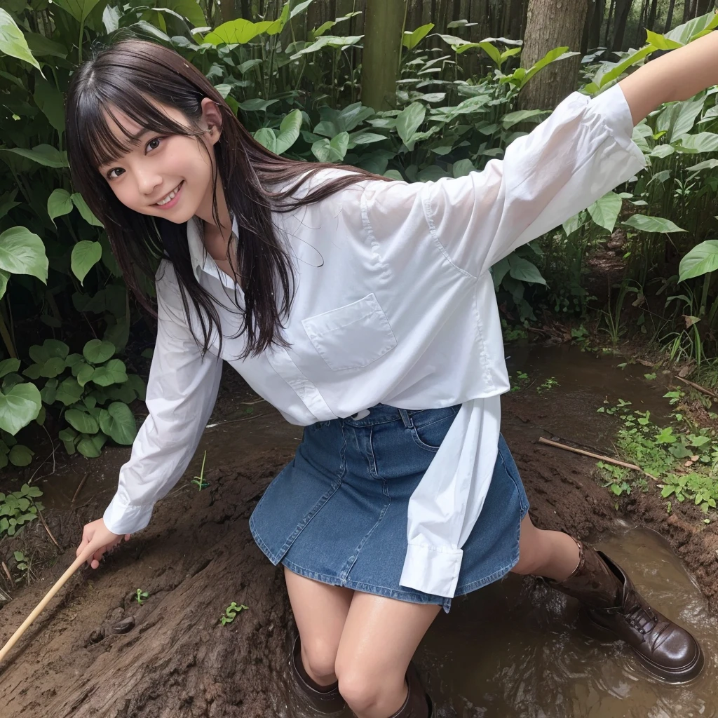 One girl, ,smile, High-resolution images, Asian,Buttoned up,Wearing a long-sleeved denim shirt and denim skirt, Manure pit,shit,深いmud濘でmud遊びをして服を汚す,mudで汚れたジーンズ,Soaked clothes,mudまみれ,Gets wet and sticks,Dirty clothes,mudをかけられる,mud,Muddy,captured in the style of a magical forest arツーork., (masterpiece, Highest quality, Official Art,Intricate details:1.2)