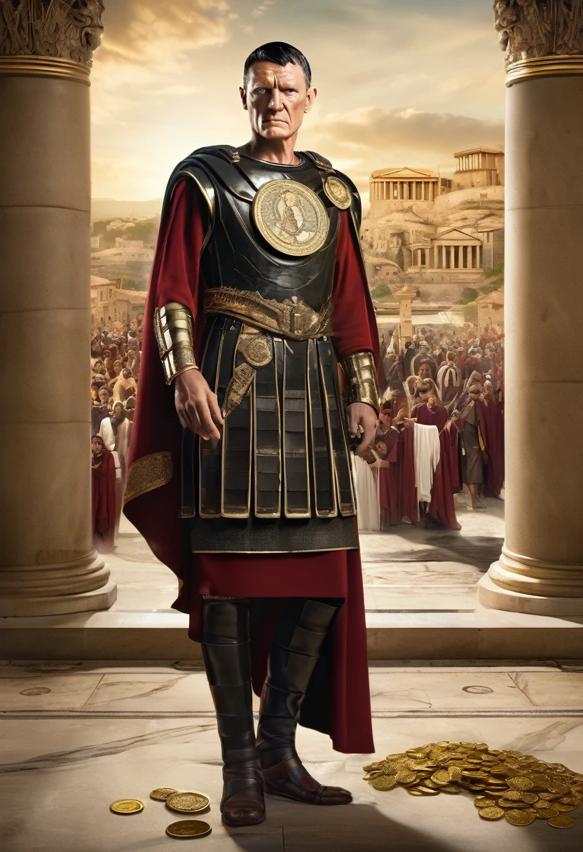 "A detailed image of Marcus Licinius Crassus in luxurious Roman attire, surrounded by symbols of wealth like gold coins, jewels, and a large Roman estate in the background. The scene captures his arrogant and confident demeanor."
Size: "1024x1024"