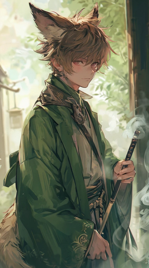 Short blonde curly hair, green denim shirt, white pants, pink eyes, standing with his legs crossed, heart-shaped sunglasses