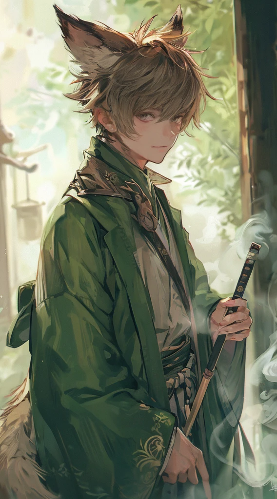 Short blonde curly hair, green denim shirt, white pants, pink eyes, standing with his legs crossed, heart-shaped sunglasses