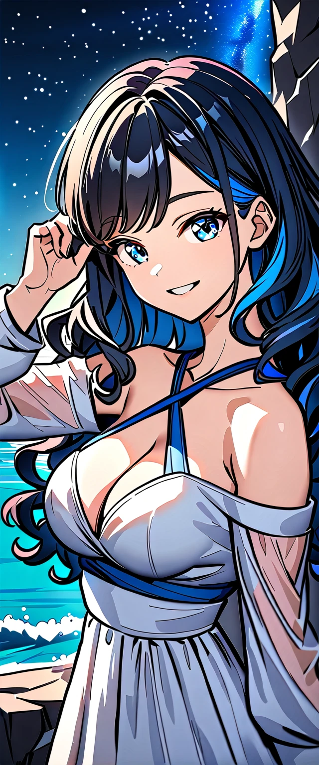 ((grin)), jumping, Eyeshadow, False eyelashes, ((off-shoulder dress:1.3, criss-cross halter)), ((white sundress)), ((cleavage)), ((multicolored hair hair, hair extensions, streak)), ((sunglasses, hand to sunglasses)), (((from side))), ((((upper body)))), bare legs, (()), (((a beautiful starry sky, the Milky Way shining beautifully in the night))), ((on the very high cliff)), wavy hair, inward curled hair, ((sea, nature)), breasts, ager, (looking at viewer), puffy long sleeves, collarbone, head tilt:1.3, (((blue eyes))), happy smile, (((anime style))), (best quality, 4K, 8K, highres, masterpiece:1.2, ultra-detailed, ultra-detailed eyes, HDR, uhd, studio lighting, ultra-fine painting, sharp focus, physically-based rendering, extreme detail description, professional, vivid colors, bokeh)