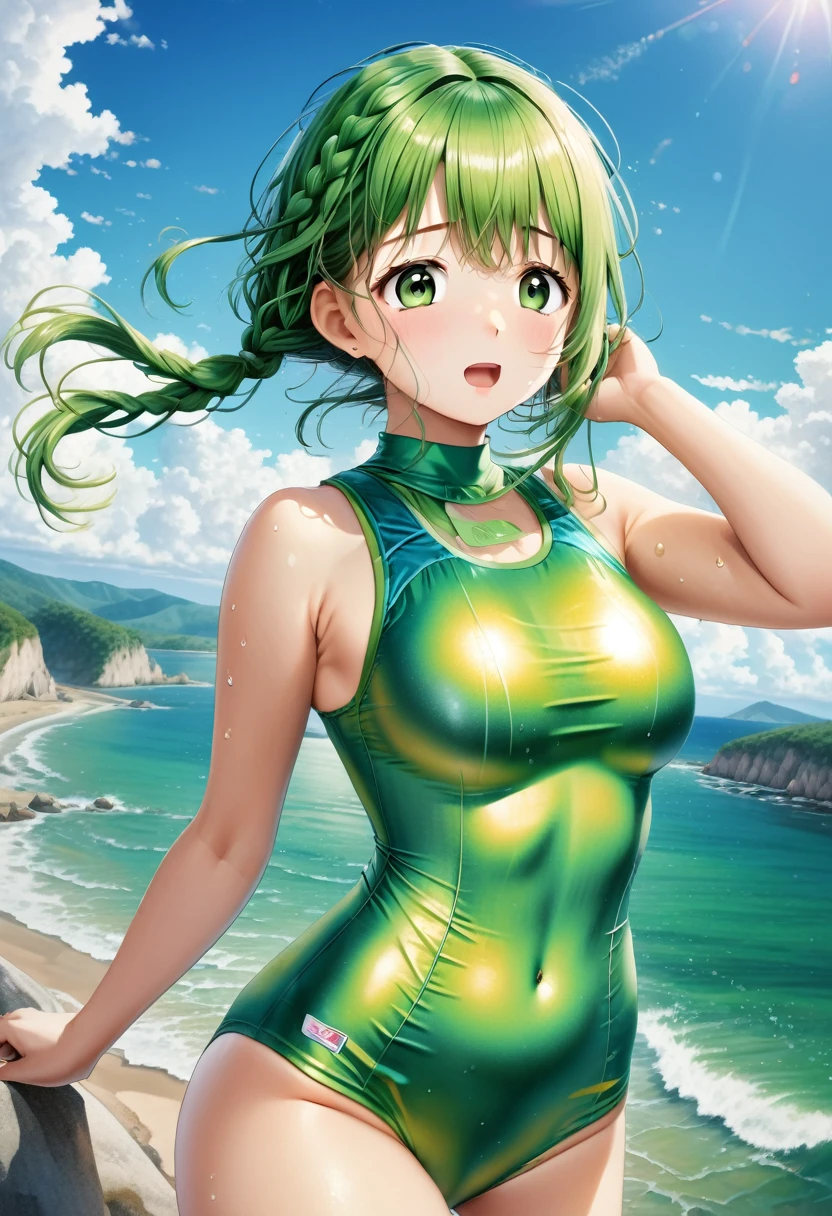Highest quality, masterpiece, Ultra-high resolution, (Realistic:1.4), RAW Photos, Intricate details, Big beautiful eyes, Perfect contours, masterpiece, One Girl, ((Junior high school student:2)), Braided Bob, (aerial view:2), (perky breasts:2, high breasts), (curvy waist:2), Competitive swimmer, (one piece:1.5, turtleneck,Sleeveless swimsuit), ((Metallic Green:2)), ((tight high leg swimsuit:1.5)), ((shoot from below:2, looking away:2)), (Belly button close up:1.5)、Portraiture, ((Standing on the edge of a cliff:1.5, Hesitant to jump:1.5, Incredibly high sheer cliffs:1.5, Stand at the highest point overlooking the surrounding area, peer down the cliff)), (Anxious expression、His mouth is twitching with fear), Wet Skin, (Underarm)、Nothing in my hands、