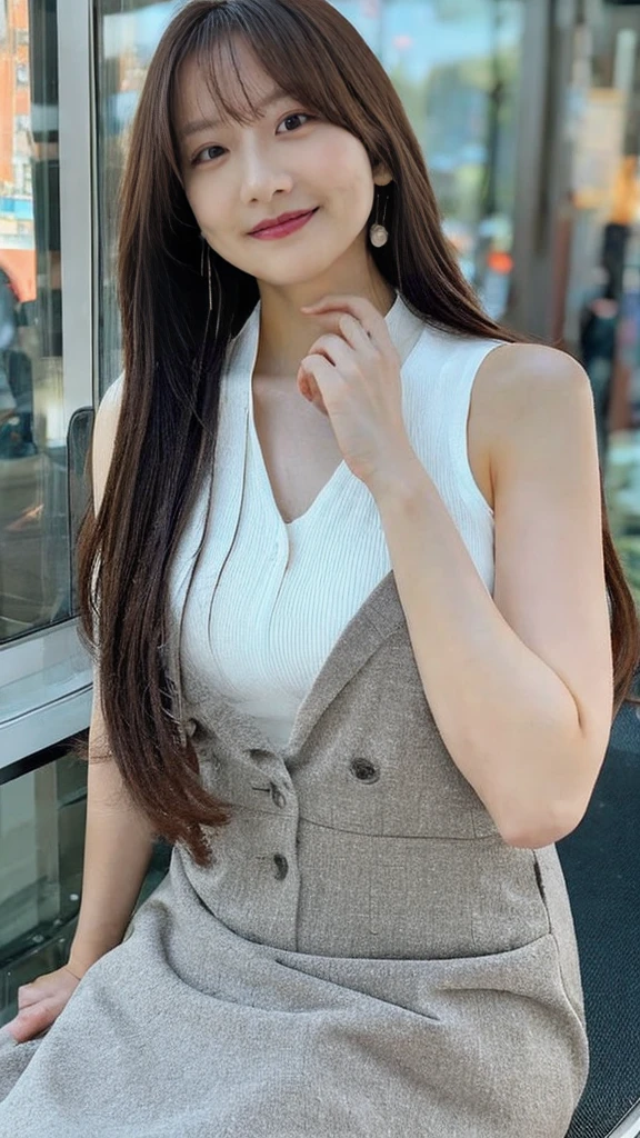 Tabletop, Highest quality, figure, Super detailed, Fine details, High resolution, 8k wallpaper, Perfect dynamic composition, Beautiful attention to detail,Full body photo,Show your whole body、Tank top、mini skirt,Long white hair,Big ample breasts、hugeな胸の谷間, Bold sexy pose,smile,Harajuku、20-year-old girl、huge 、Take a look at the sexy shots of the lens