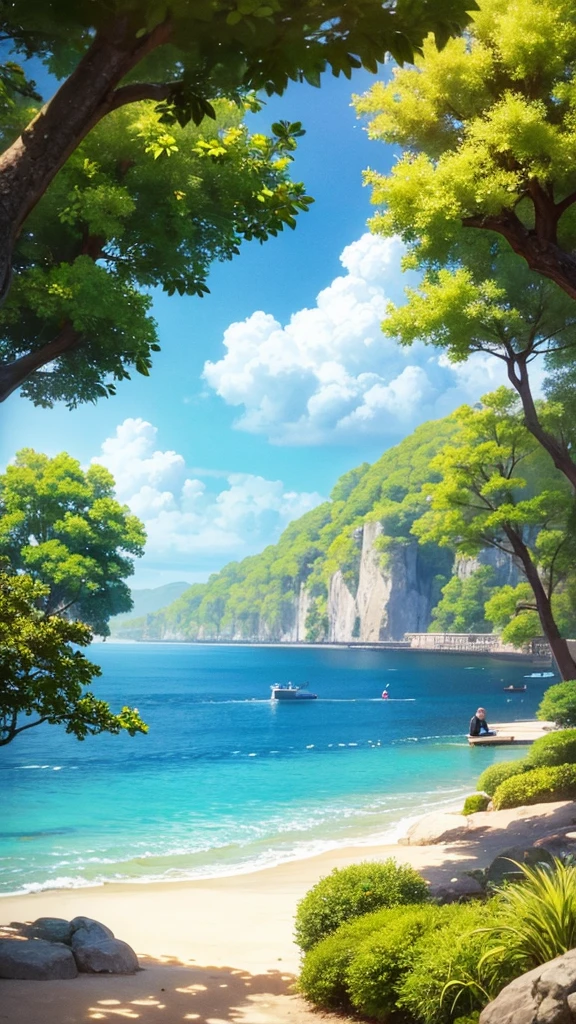 There is an island in the background,There is a young and handsome European and American man on the island,Korean comic style