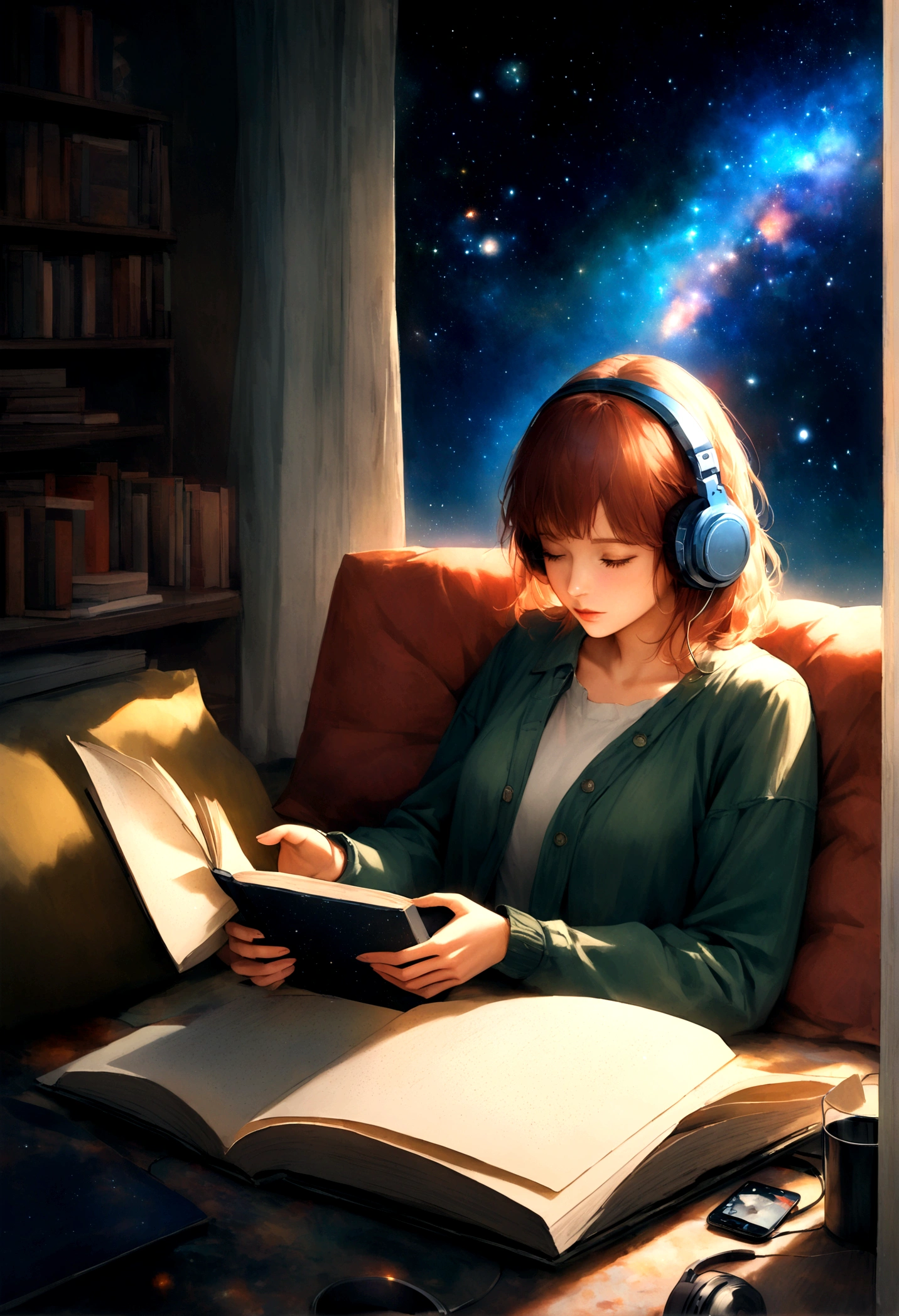 Create an image of two individuals absorbed in solitary activities like listening to music, watching films, and reading books, each immersed in their own contemplative space, evoking a nostalgic sense of lost personal connections and intimate storytelling. Make image realistic with galaxies and stars and constellations