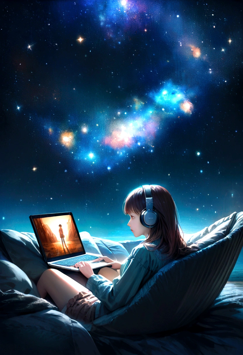 Create an image of two individuals absorbed in solitary activities like listening to music, watching films, and reading books, each immersed in their own contemplative space, evoking a nostalgic sense of lost personal connections and intimate storytelling. Make image realistic with galaxies and stars and constellations 