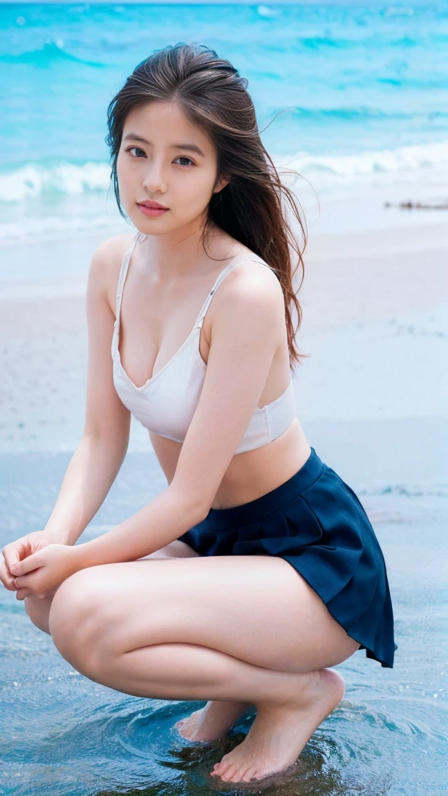 (((Top-down configuration:1.33)))、((No underwear:1.55))、One Girl、Beautiful and detailed eyes and face、barefoot、20 year old cute Japan woman, ((Extremely precise and accurate anatomy:1.0)), (photo Realistic:1.4), (hyper Realistic:1.4), (最高品質のRealisticな肌の質感:1.4), (Improvement of quality:1.4), (Enhances the beauty of skin texture:1.1), clean and glowing skin, mesh, thin:1.2, (Realistic:1.3), Realisticなライティング, (Smoother lighting:1.05), (Improving the quality of cinema lighting:0.9), Backlight, A gentle light that illuminates the face, Ray Tracing, (Bright light:1.2), 32k, One Japanese woman, fine grain, Detailed face, (Film Grain:1.1),(Accentuates body lines:1.1), High resolution, Natural look, Kind eyes, Enhances hair texture, Delicate light and shadow, Clear skin, Graceful Pose, Beautiful Eyes, Sharp details, Soft light reflection, Beautiful contours, Delicate skin tone, Fine hair texture, Natural background, (((sunny day、Beach、A strong wind is blowing、Her hair and skirt are flying、squat, Traditional navy blue sailor uniform、White blouse、Pleated skirt、Scooping seawater with hands:1.25、splash、Sandy Beach、Light of the sun、clear blue sea、The waves crash quietly、Blue sky and white clouds、green mountain々、Beautiful Nature、The joys of youth)))、