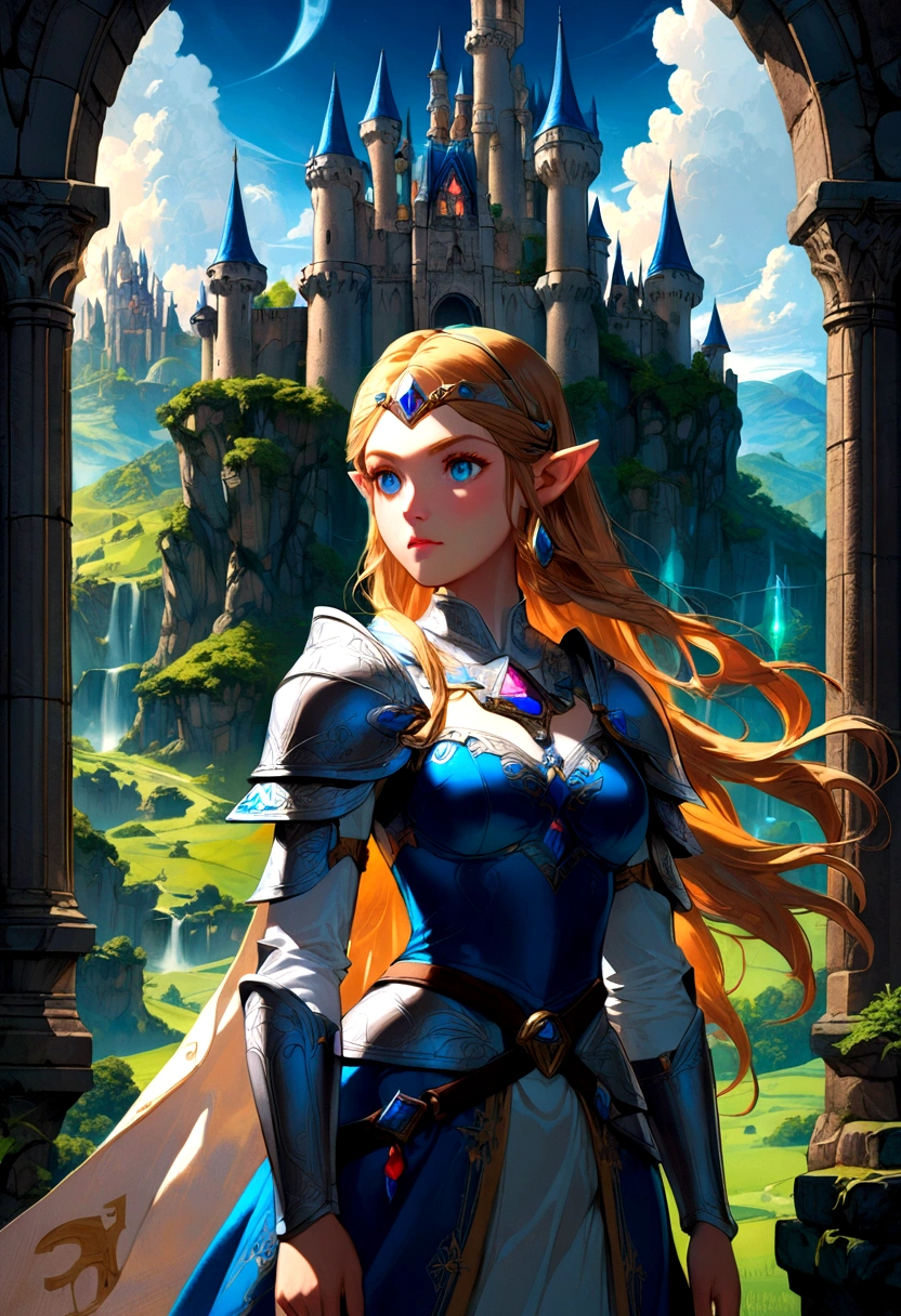 1girl, Princess Zelda, The Legend of Zelda, A highly detailed fantasy landscape,rolling hills,lush forests,medieval castle,ancient ruins,glowing magical crystals,dramatic lighting,epic adventure,beautiful detailed eyes,extremely detailed face and intricate outfit,stunning digital art,cinematic composition,vibrant colors,dramatic lighting,fantasy art,concept art,ultra-detailed,8k,professional, masterpiece, best quality, very aesthetic, absurdres