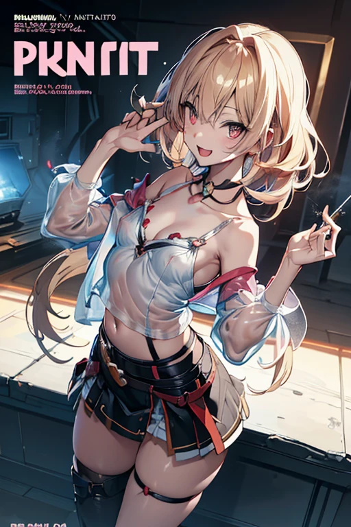 (small breasts:1.2), (perky chest:1.2), (pointed chest:1.2), (Pudding cake magazine cover:1.3),(from above:1.0),(shoot from the side:1.1),masterpiece, 1girl, Amazing Cleavage:1.1, thin waist, optimum,tmasterpiece,hight resolution,best qualtiy,hyper HD,super detailing,awardwinning,a 18yo cute girl,(The upper part of the body),anatomy correct,Beautiful Black miniskirt,garters,Gaze,Small face,bangss,holster,Beautuful Women,hands up,leg holster,Gaze,black boots,Cowboy Shot,cute face,a blond,Longhaire,Twin-tailed,Braids, Hairline,(scarlet eyes),long eyelasher,Hanging eye corners,White skin of the, ((see through camisole:1.1)), ((Sheer nipples:1.0)),Rocket Tits,(Slim body),smile,seductive weak smiling,(with sparkling eyes and a contagious smile),little open mouth, Looking at Viewer,