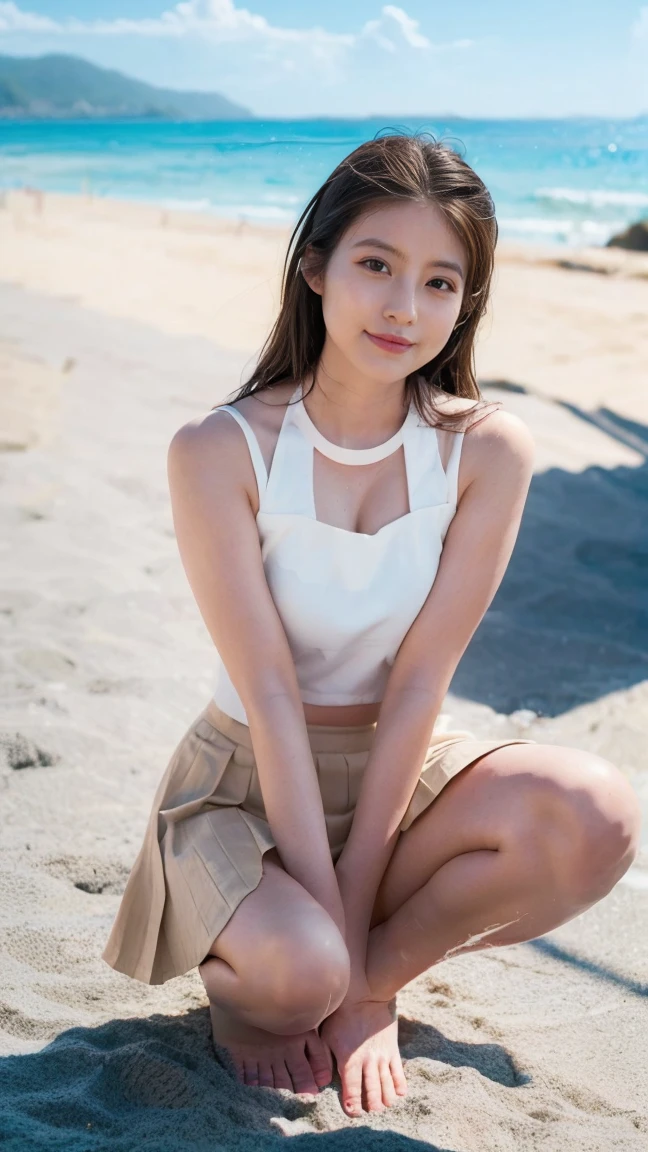 20 year old cute Japan woman, ((Extremely precise and accurate anatomy:1.0)), (photo Realistic:1.4), (hyper Realistic:1.4), (Highest qualityのRealisticな肌の質感:1.4), (Improvement of quality:1.4), (Enhances the beauty of skin texture:1.1), clean and glowing skin, mesh, thin:1.2, (Realistic:1.3), Realisticなライティング, (Smoother lighting:1.05), (Improving the quality of cinema lighting:0.9), Backlight, A gentle light that illuminates the face, Ray Tracing, (Bright light:1.2), 32k, One Japanese woman, fine grain, Detailed face, (Film Grain:1.1), (自然なsmile:0), (Accentuates body lines:1.1), High resolution, Natural look, Kind eyes, Enhances hair texture, Delicate light and shadow, Clear skin, Graceful Pose, Beautiful Eyes, Sharp details, Soft light reflection, Beautiful contours, Delicate skin tone, Fine hair texture, Natural background, (((sunny day、Beach、A strong wind is blowing、Her hair and skirt are flying、Crouch down, Scooping up seawater and spreading your hands、Traditional navy blue sailor uniform、White blouse、Pleated skirt、Scooping seawater with hands:1.25、splash、Splashing water on each other、smile、Laughter、Sandy Beach、Light of the sun、clear blue sea、The waves crash quietly、Blue sky and white clouds、green mountain々、Beautiful Nature、The joys of youth)))、(((Top-down configuration:1.33)))、(((8K、Highest quality、masterpiece、超High resolution)))、(Realistic:1.4)、RAW Photos、(Real skin texture:1.3)、(Film Grain:1.3)、((No underwear、Bend one leg))、One Girl、Beautiful and detailed eyes and face、barefoot、