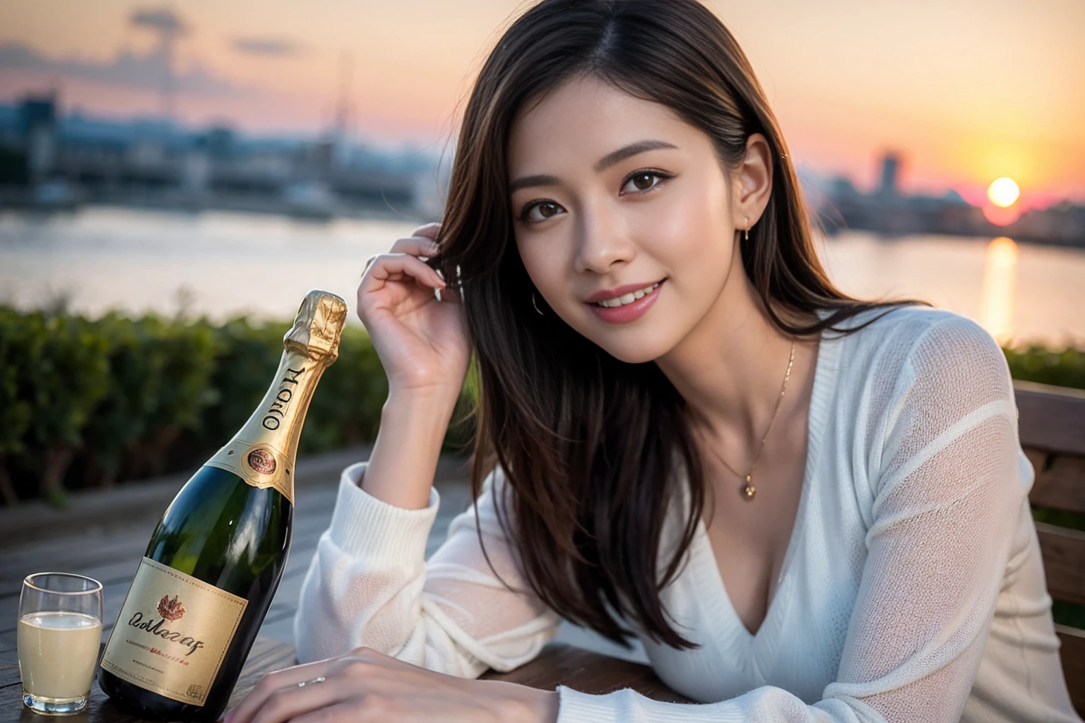 ((Highest quality、8K、masterpiece:1.3))、cute、Slim Couple、Model Couple、Beautiful actress, (Brown Hair), Handsome、The best smile、Happy Smile、45 years old 39 years old、Shortcuts、Upper Body、full-course dinner、Wine Party、Wine bottle、Champagne、sparkling wine、Amazing view of the sunset sky and clouds、Sweet eye angle, Ultra HD 8K, Ultra-realistic, photograph, Cinematic, photograph, Wide-angle, Detailed Visuals, 3D Rendering, Soft texture, Realistic, Close up zoom in, (Front view), ((View your viewers)), Perfect corner angle, Thin lips, Natural Beauty, (Soft and super white skin), Perfect Skin, (masterpiece), (Beautiful attention to detail), (Makes your face smaller), No makeup, skinny、Two beauties、Brown Hair、Shortcuts、Long sleeve shirt、dress、(Realistic, Intricate details:1.2),