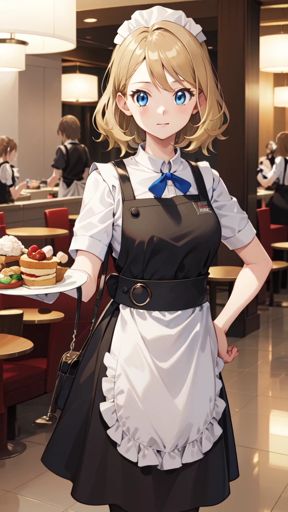 gonzarez, masterpiece, Serenaj, 1girl,l solo,
blue eyes, blonde hair, medium hair, open eyes, hotel background, maid outfit, waitress, waitress gloves,