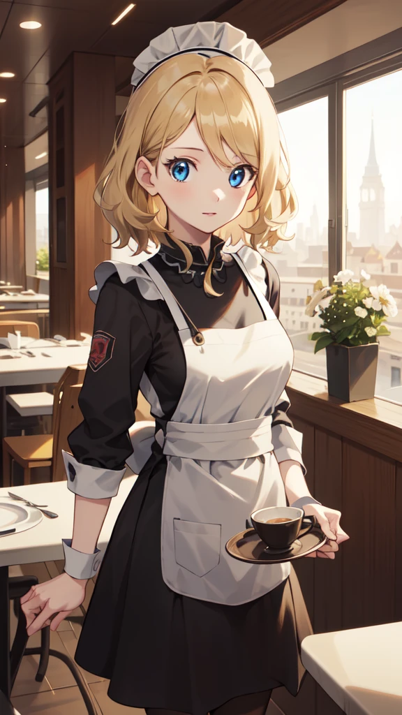 gonzarez, masterpiece, Serenaj, 1girl,l solo,
blue eyes, blonde hair, medium hair, open eyes, hotel background, maid outfit, waitress, waitress gloves,