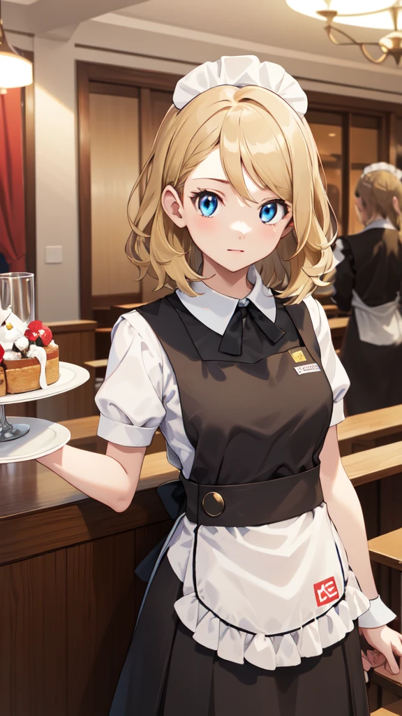 gonzarez, masterpiece, Serenaj, 1girl,l solo, 
 blue eyes, blonde hair, medium hair, open eyes, hotel background, maid outfit, waitress, waitress gloves, 