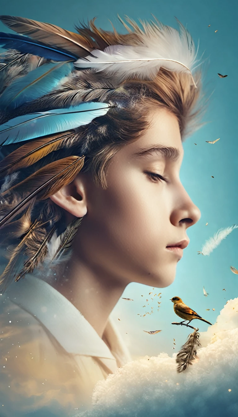 Create a professional, fantastic, cinematic dream-like Youtube Banner for a brand about music, stories, fantasy and dreams called " Penamemoria". Masterpiece, 4k, sharp focus, highest quality,wide shot. The title is " Penamemoria". Is a brand about the creative, unique journey of a boy into becoming a musician storyteller. In his journey he finds inspiration in a world of birds and feathers. Minimalistic, simple, poetic, dreamy logotype at the center of the image. The Background image is a world full of fantastic feathers, unique birds, light blue sky, soft white and light golden. Logo design of a face of a boy and a face of a feather
