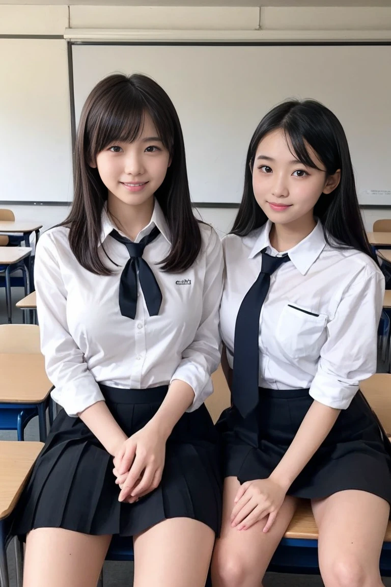 Two junior high school girls、Student uniform、In the classroom、In the classroom、Black Skirt、White shirt、Black Hair、ASİAN、10th Generation、Two people lined up、Sexy white panties、Skirt flipped up、Cute smile、Large Breasts、bangs、Inner thigh pose、Please hold your crotch with your hands、Invite you inside、Female students pressing their breasts against each other、Shining thighs、Full Body