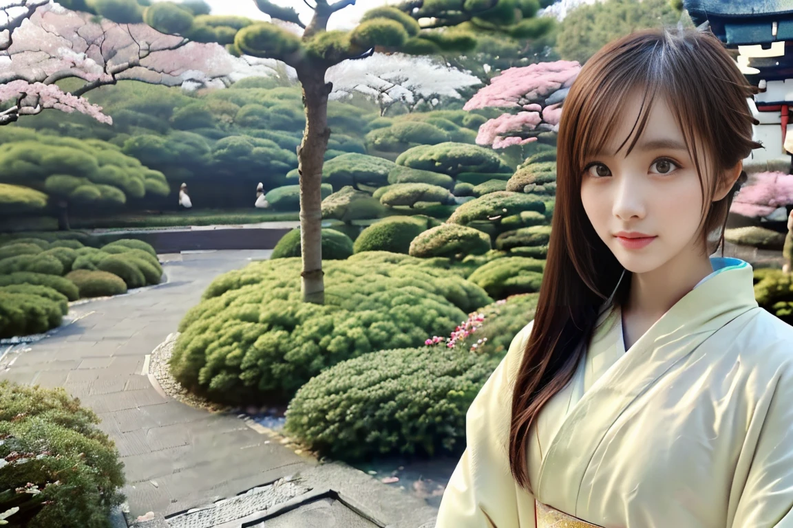 (((Regular dressing:1.5))),(Surreal), (High resolution), (8K), (Very detailed), (Best illustrations), (Beautifully detailed and sparkling eyes), (Highest quality), (Very detailedな), (masterpiece), (wallpaper), (Detailed face), (Beautiful smile)、(Beautiful expression)、(((((1 female:1.2)))))、Looking into the camera、((Glamorous Body))、(((Japanese、reality、Sexy Gestures、Kenrokuen Garden、Japanese garden、Beautiful kimono with a white base、National treasure-class kimono,Thick kimono:1.5)))