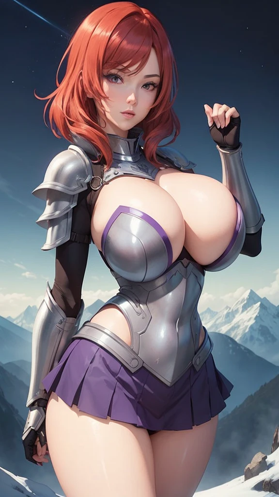 (Masterpiece, Best Quality, High Quality), facing viewer,volumetric lighting, illustration, beautiful, perfect lighting, perfect shadows,Nishikino maki , cowboy shot, (silver armor:1.2), short shorts, thighs, solo, purple eyes ,red hair ,in mountains,under moonlight, dynamic pose