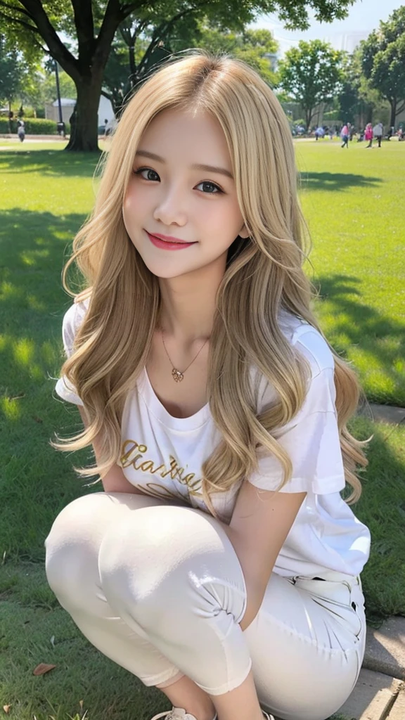 23-year-old woman, Long dark blonde wavy hair、Puffy nippleedium Milk, Cute Smile、、、Beautiful Necklace、On the grass in the park、Squat on your knees、Cute smile with upward glances、T-Shirts、White skinny pants、Beautiful ass、Beautiful legs