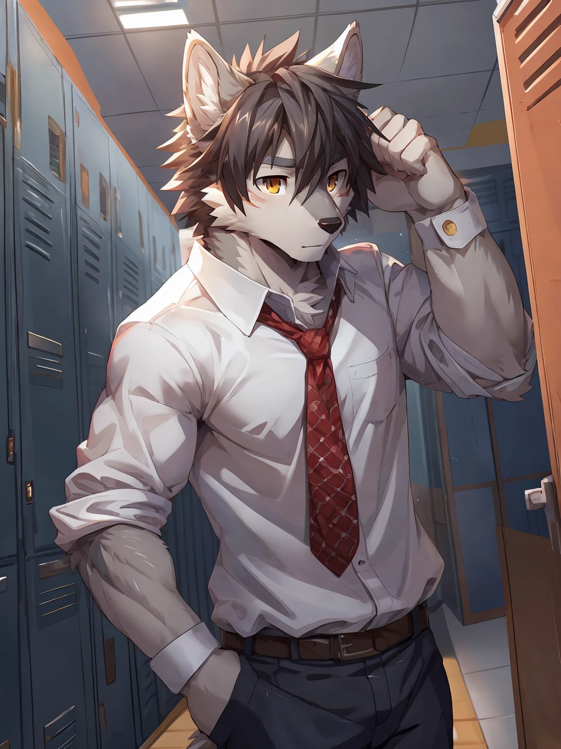 embedding:Gray wolf,Golden Eyes,Single Person,a scar on the face.Gray fur,High school students,male school uniform,Scratch head,Standing by the school locker,Nervous,Male.Thin,Handsome,Smart,Nervous,Best quality hands, best quality eye,detailed fur,Delicate eyes.Extreme picture quality,by sollyz,by zixiong,by null_ghost