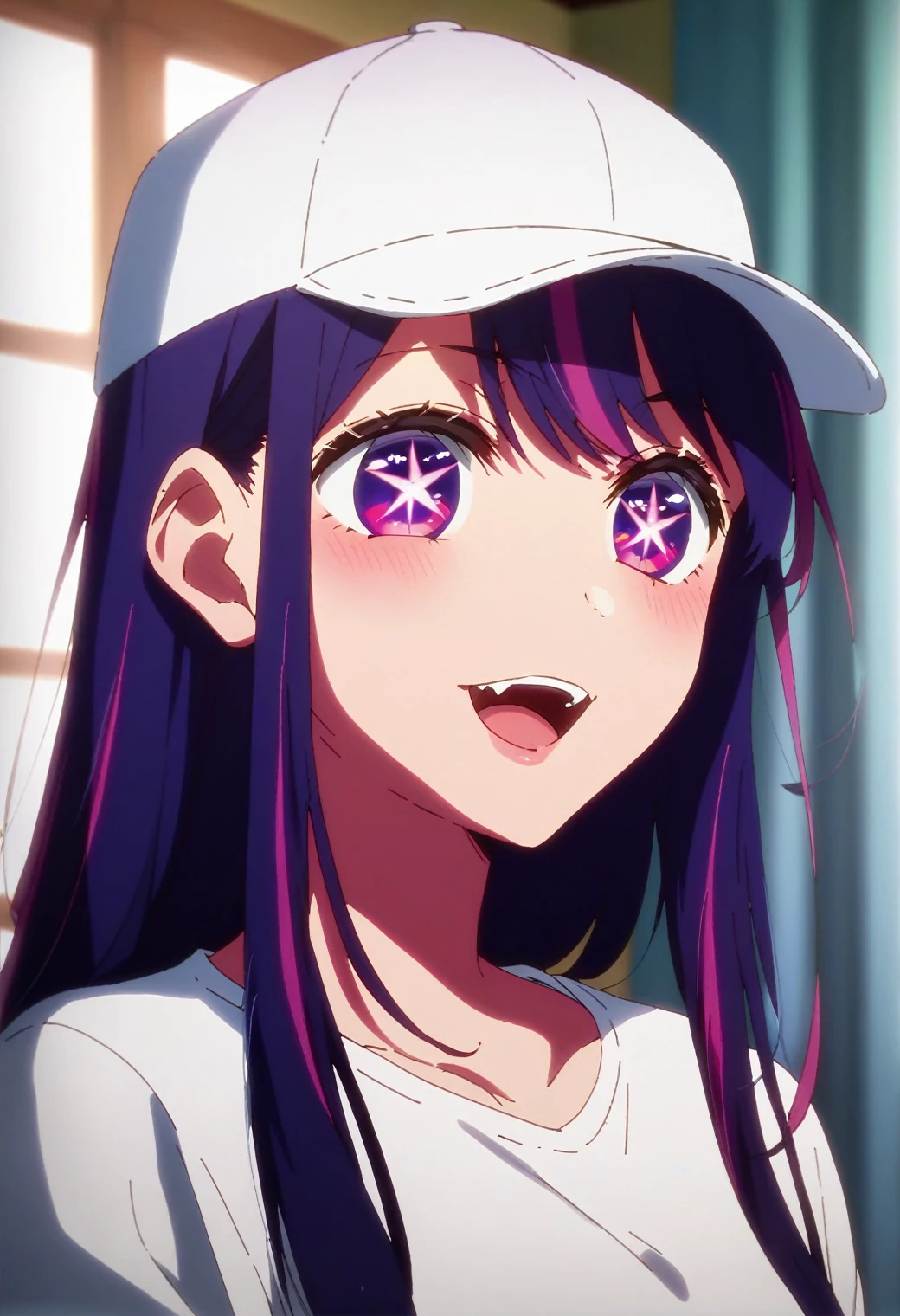 1 Girl, Hoshino Ai, Solitary, Purple Hair, Purple Eyes, Long hair, star-shaped pupils, BREAK White shirt, Baseball cap, BREAK
facing existiewer, upper body, close-up, Fangs, upper teeth only, exist, BREAK
Fraction_9, Fraction_8_up, Fraction_7_up, Fraction_6_up, Japanese cartoons,
(high quality, detailed, beautiful), shining, detailed beautiful eyes, outstanding, Anti-shading, detailed soft lighting