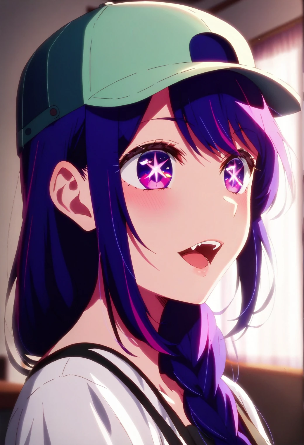 1 Girl, Hoshino Ai, Solitary, Purple Hair, Purple Eyes, Long hair, star-shaped pupils, BREAK White shirt, Baseball cap, BREAK
facing existiewer, upper body, close-up, Fangs, upper teeth only, exist, BREAK
Fraction_9, Fraction_8_up, Fraction_7_up, Fraction_6_up, Japanese cartoons,
(high quality, detailed, beautiful), shining, detailed beautiful eyes, outstanding, Anti-shading, detailed soft lighting