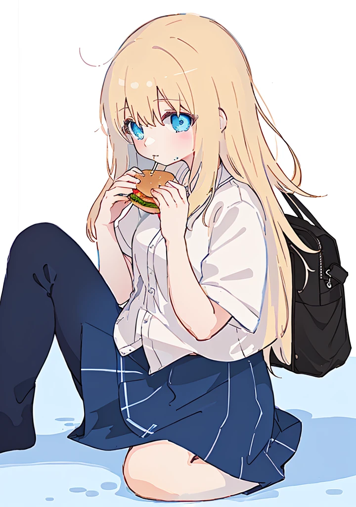 anime girl sitting on the ground eating a hamBurger and soda, eating Burgers, eating a Burger, eating a hamBurger, I&#39;ll make fan art too, devours a hamBurger, female protagonist 👀 :8, Tsk tsk, serving Burgers, OC commission, good ), She has a jiggly, fat, round belly, Burger, akane owari danganronpa, eating a cheeseBurger,(big bust:1.5), (Black eyes with a slight purple tint:1.5), (Very white and long hair with a bluish tint, weak perm:1.5), (white sleeves wrapped around arms, oversized white shirt, oversized white shirt:1.5), (bare foot, round-rimmed glasses:1.5), (Belly Fat, muffin top, plump:1.1), (smiling faintly:1.5),(human ear,thin legs:1.5),
