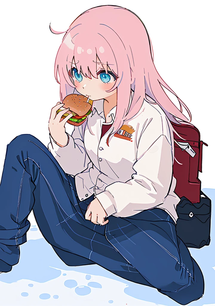 anime girl sitting on the ground eating a hamBurger and soda, eating Burgers, eating a Burger, eating a hamBurger, I&#39;ll make fan art too, devours a hamBurger, female protagonist 👀 :8, Tsk tsk, serving Burgers, OC commission, good ), She has a jiggly, fat, round belly, Burger, akane owari danganronpa, eating a cheeseBurger,(big bust:1.5), (Black eyes with a slight purple tint:1.5), (Very white and long hair with a bluish tint, weak perm:1.5), (white sleeves wrapped around arms, oversized white shirt, oversized white shirt:1.5), (bare foot, round-rimmed glasses:1.5), (Belly Fat, muffin top, plump:1.1), (smiling faintly:1.5),(human ear,thin legs:1.5),
