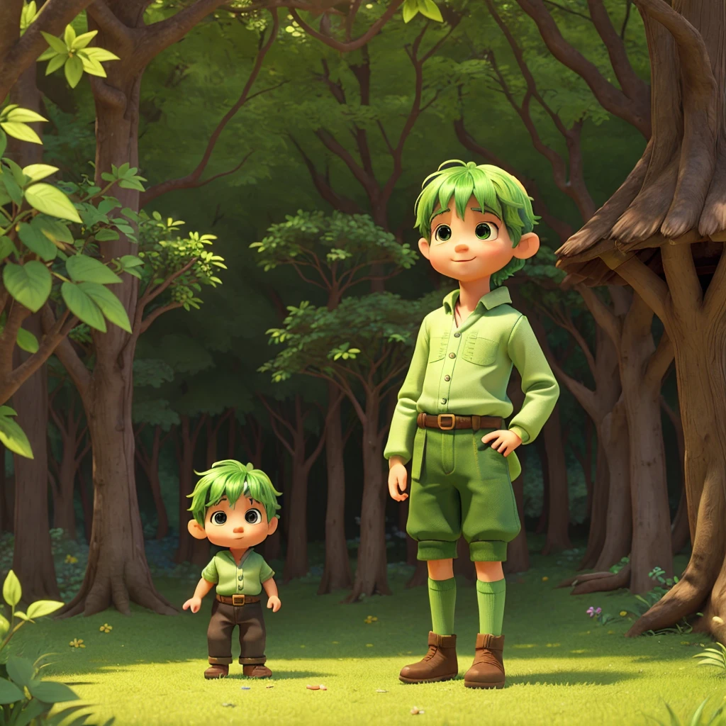 The world of fairy tale picture books、cover、(A little boy who is a fairy living in the forest)very cute、Green Hair、Disney's Worldview、limbs are short、Half human, half fairy face、Animal Ears、Short stature、Close-up photography、Green hairy body