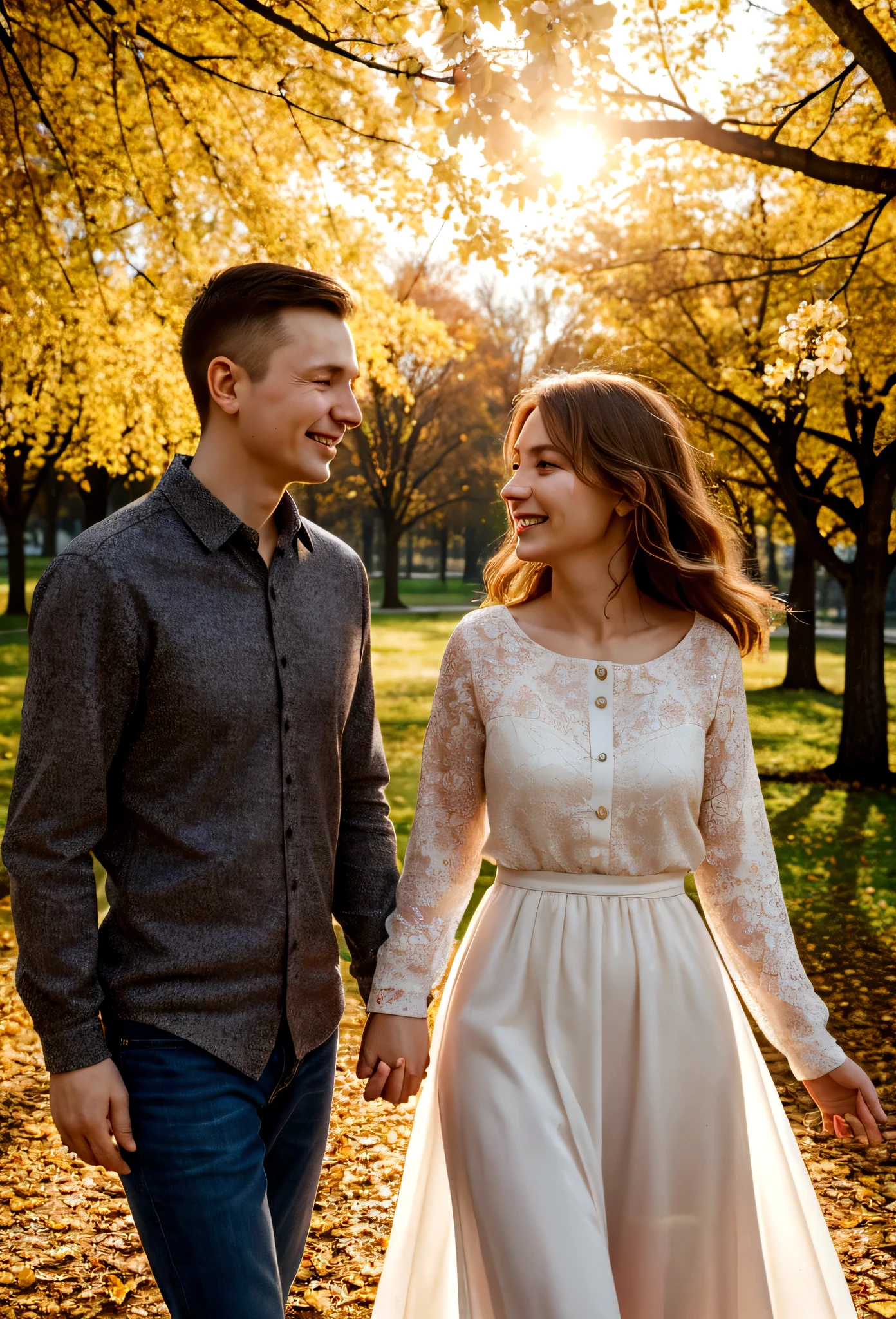 cinematic portrait of Slavic couple with smiling faces, standing in front of the camera, walking in a beautiful blooming park, husband and wife fascinated by nature, soft beauty, gentle sunlight behind, Fallen leaves, Face in front of the camera