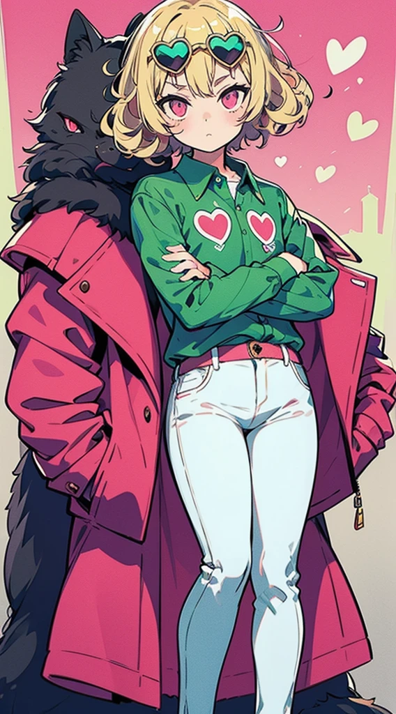 Short blonde curly hair, green denim shirt, white pants, pink eyes, standing with his legs crossed, heart-shaped sunglasses
