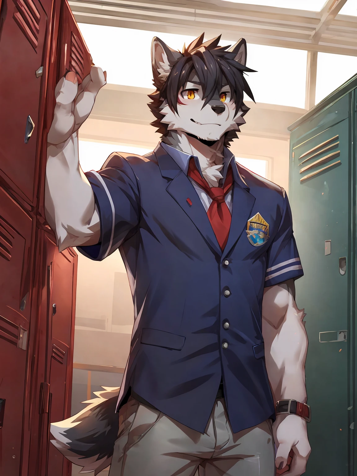 embedding:Gray wolf,Golden Eyes,Single Person,a scar on the face.Gray fur,High school students,male school uniform,Scratch head,Standing by the school locker,Nervous,Male.Thin,Handsome,Smart,Nervous,Best quality hands, best quality eye,detailed fur,Delicate eyes.Extreme picture quality,by sollyz,by zixiong,by null_ghost