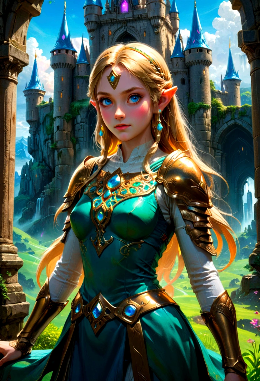 1girl, Princess Zelda, The Legend of Zelda, A highly detailed fantasy landscape,rolling hills,lush forests,medieval castle,ancient ruins,glowing magical crystals,dramatic lighting,epic adventure,beautiful detailed eyes,extremely detailed face and intricate outfit,stunning digital art,cinematic composition,vibrant colors,dramatic lighting,fantasy art,concept art,ultra-detailed,8k,professional, masterpiece, best quality, very aesthetic, absurdres
