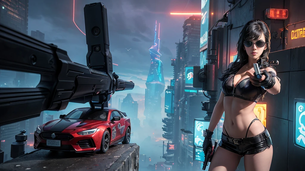At night, dark sky, aerial view of fantasy cyberpunk style Moai-statue city, ((flying vehicle)). ((1girl, solo, alone)), photo realistic, medium-breast:1.1 slim body, cleavage, sexy clothes, (black sunglasses), (((hip-up standing and pistol aiming pose))), half-body thigh level medium shot, cinematic lighting.