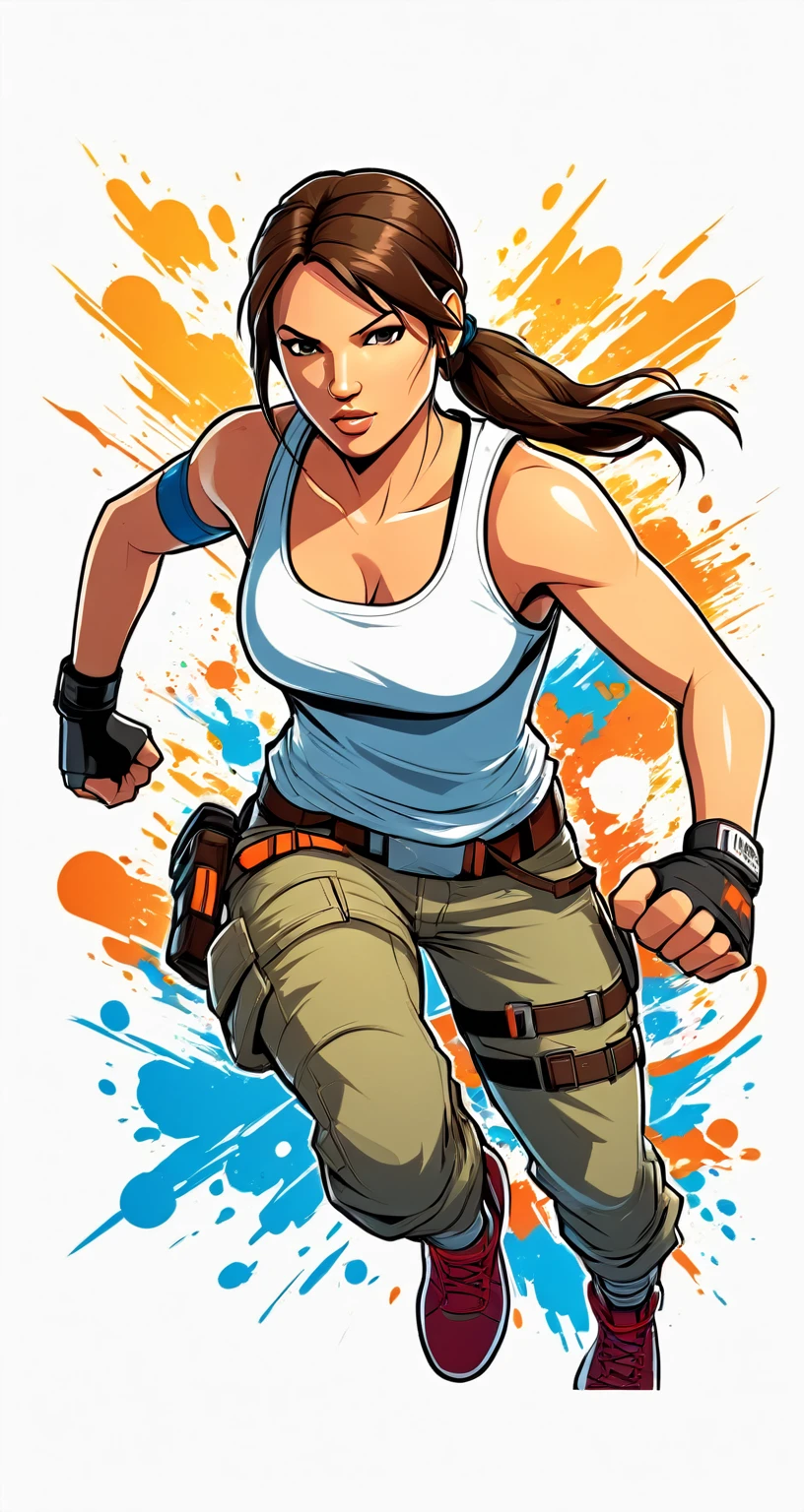 Lara Croft style fighting game, Hip-Hop Style, t shirt design, flat-colors, vectorial art, ((white backdrop)) . dynamic, Vibrant, full of action, detailed character design, reminiscent of fighting video games