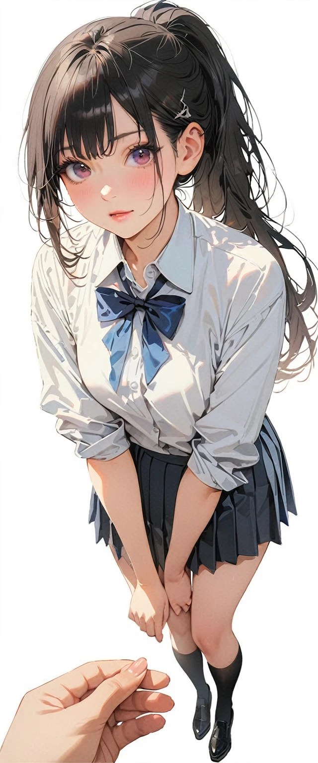 20 years old,1 mature woman,hyperrealistic, 8k, (extremely detailed 8k), (very delicate and beautiful), (masterpiece), (better quality:1.0), (ultra high resolution:1.0), (masterpiece, best quality),cute,black hair,ponytail,POV,full body,white background,realistic skin,collared shirt, pleated skirt,bow,leaning forward