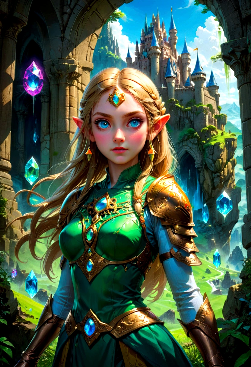 1girl, Princess Zelda, The Legend of Zelda, A highly detailed fantasy landscape,rolling hills,lush forests,medieval castle,ancient ruins,glowing magical crystals,dramatic lighting,epic adventure,beautiful detailed eyes,extremely detailed face and intricate outfit,stunning digital art,cinematic composition,vibrant colors,dramatic lighting,fantasy art,concept art,ultra-detailed,8k,professional, masterpiece, best quality, very aesthetic, absurdres