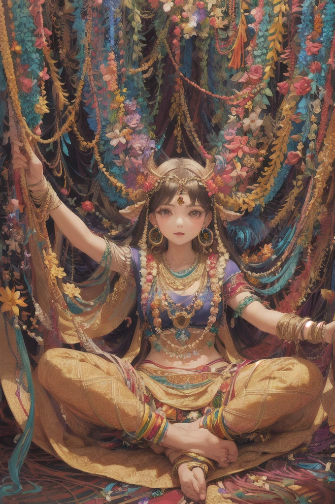 (masterpiece, Highest quality, Highest quality, Official Art, beautifully、aesthetic:1.2), (One girl:1.3), Very detailed,(Fractal Art:1.1),(colorful:1.1)(Flowers:1.3),Most detailed,(Tangled:1.2), (Dynamic pose), (Abstract background:1.3), (Indian Traditional Cloth:1.2), (Shiny skin), (Many colors:1.4), ,(Earrings:1.4),Horns on the head