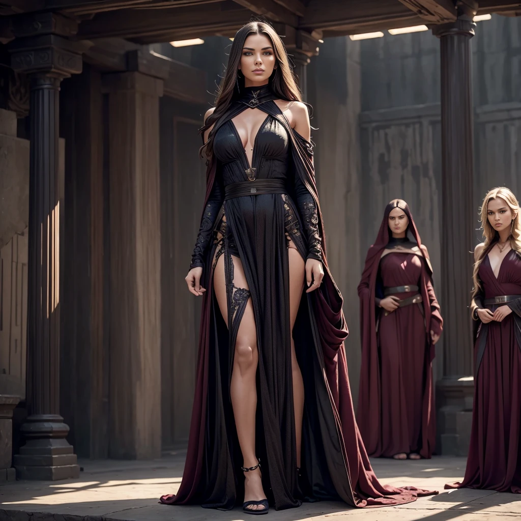 a beautiful woman in a gedi robe, a beautiful woman in a sith lord costume, 2 women, star wars, hyperrealistic, 8k, highly detailed, photorealistic, dramatic lighting, cinematic composition, intricate costume details, elegant poses, dynamic movement, moody color palette, dramatic shadows, vivid colors, stunning visuals