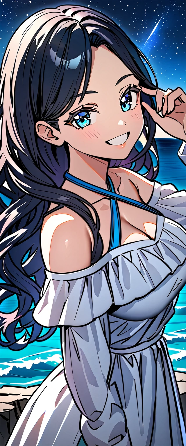 ((grin)), (((Eyeshadow, False eyelashes))), ((off-shoulder dress:1.3, criss-cross halter)), ((white sundress)), ((cleavage)), ((multicolored hair hair, hair extensions, streak)), ((sunglasses, hand to sunglasses)), (((from side))), ((((upper body)))), bare legs, (()), (((a beautiful starry sky, the Milky Way shining beautifully in the night))), ((on the very high cliff)), wavy hair, inward curled hair, ((sea, nature)), breasts, teenager, (looking at viewer), puffy long sleeves, collarbone, head tilt:1.3, (((blue eyes))), happy smile, (((anime style))), (best quality, 4K, 8K, highres, masterpiece:1.2, ultra-detailed, ultra-detailed eyes, HDR, uhd, studio lighting, ultra-fine painting, sharp focus, physically-based rendering, extreme detail description, professional, vivid colors, bokeh)