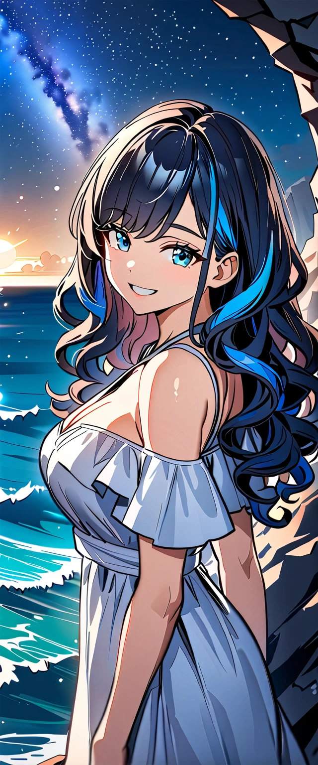 ((grin)), (((Eyeshadow, False eyelashes))), ((off-shoulder dress:1.3, criss-cross halter)), ((white sundress)), ((cleavage)), ((multicolored hair hair, hair extensions, streak)), ((sunglasses, hand to sunglasses)), (((from side))), ((((upper body)))), bare legs, (()), (((a beautiful starry sky, the Milky Way shining beautifully in the night))), ((on the very high cliff)), wavy hair, inward curled hair, ((sea, nature)), breasts, teenager, (looking at viewer), puffy long sleeves, collarbone, head tilt:1.3, (((blue eyes))), happy smile, (((anime style))), (best quality, 4K, 8K, highres, masterpiece:1.2, ultra-detailed, ultra-detailed eyes, HDR, uhd, studio lighting, ultra-fine painting, sharp focus, physically-based rendering, extreme detail description, professional, vivid colors, bokeh)
