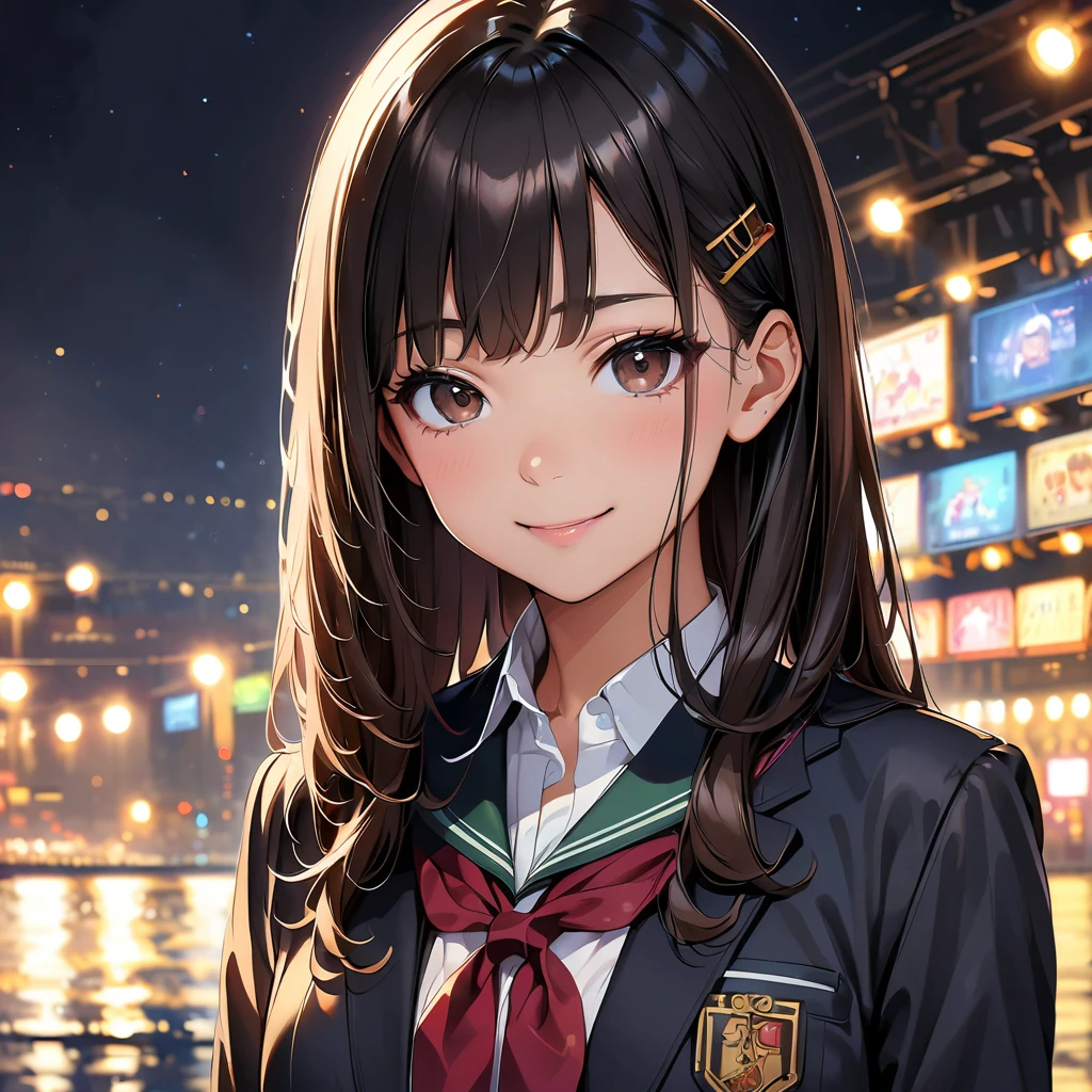 Black Hair、Side Drill、hairpin、puppet、Long eyelashes、shy、smile、realism、ハイパーrealism、Anime Style、Cinema Lighting、reflected light、Film Grain、Cowboy Shot、Lens flare、Bokeh、Highest quality、High resolution、4K、8K、High detail、Anatomically correct、(JK、school uniform)。