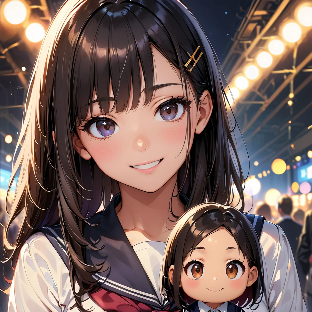 Black Hair、Side Drill、hairpin、puppet、Long eyelashes、shy、smile、realism、ハイパーrealism、Anime Style、Cinema Lighting、reflected light、Film Grain、Cowboy Shot、Lens flare、Bokeh、Highest quality、High resolution、4K、8K、High detail、Anatomically correct、(JK、school uniform)。