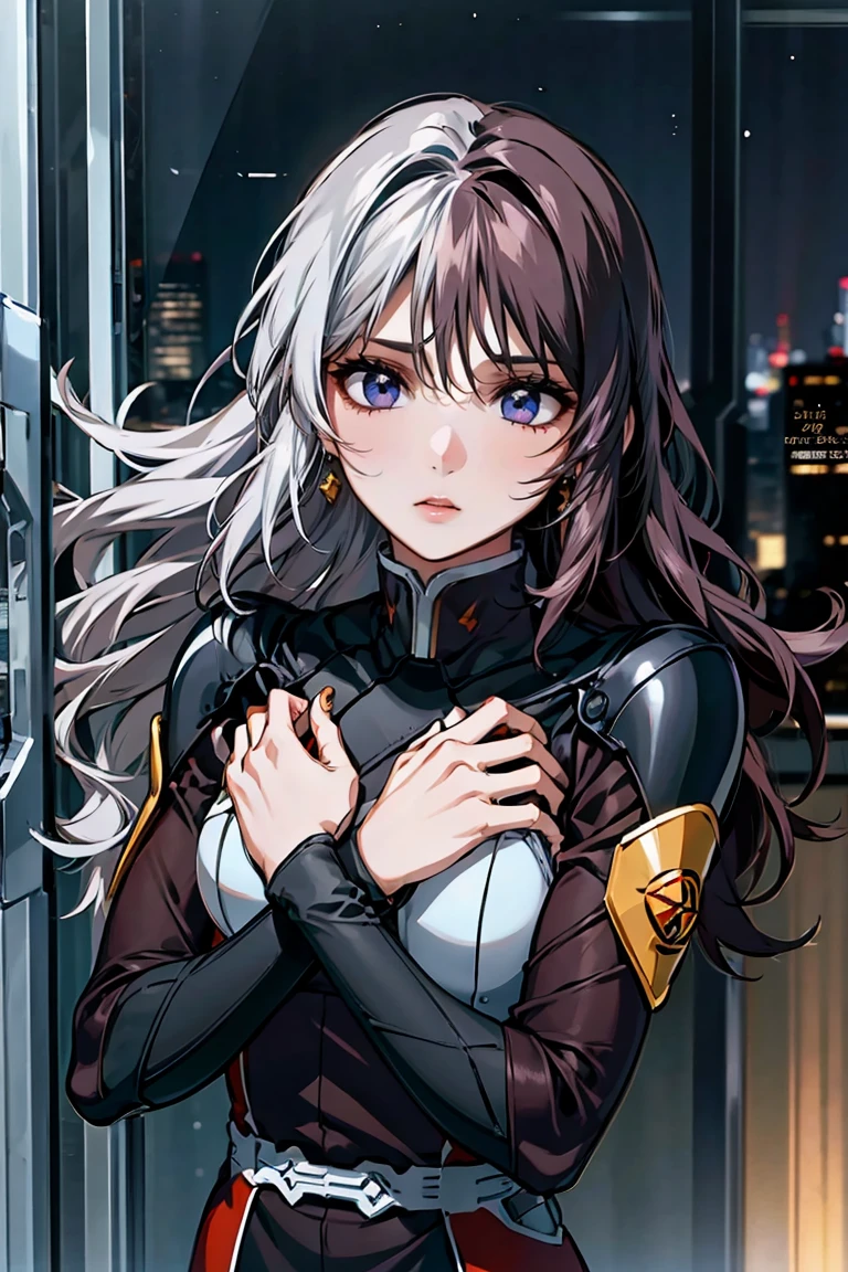 「A 20-year-old young female pilot、Height: 165cm、(Long wavy silver hair:1.8, Blue and orange two-tone color:1., Deep purple eyes)。With skin as white as porcelain、His calm and intelligent expression exudes kindness.。Wearing an elegantly designed futuristic suit、Silver and purple accents。A shiny bracelet on his left wrist、She has a small earring in her right ear.。The background is a futuristic cityscape seen from a room in a high-rise building.、Outside the window, the night city spreads out。In a standing position、Hold the window frame lightly with one hand、Gazing into the distance。He exudes an air of keen intelligence and deep compassion.。」Perfect Anatomy